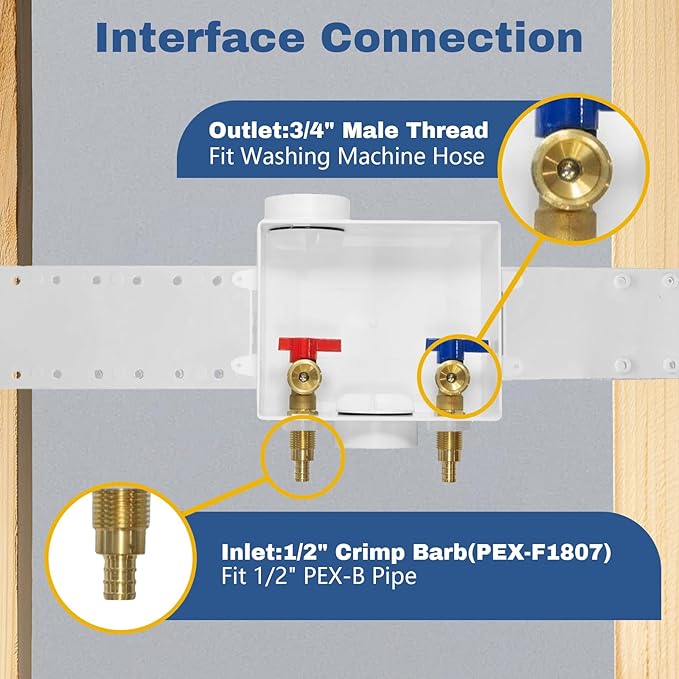 2-PACK GUOFIS Washing Machine Outlet Box, PEX Laundry Washer Box with Central and Side Drain Design(1/2"PEX Crimp Connection Inlet X 3/4"MHT Outlet)(WM002-2Pack)
