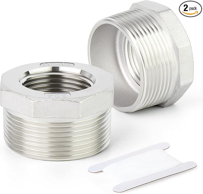 TAISHER 2PCS 304 Stainless Steel Reducer Hex Bushing, 1-1/2" NPT Male x 1/2" NPT Female, Reducing Pipe Adapter Fitting