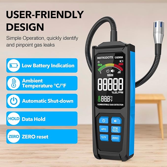 Natural Gas Detector, Gas Leak Detector with Audible & Visual Alarm, Rechargeable Gas Sniffer with 11.3-inch Gooseneck, Locating Propane, Natural Gas, Combustible Gas Leak for Home and RV