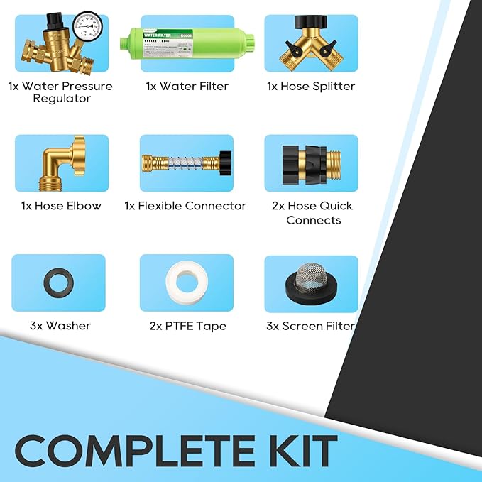 RVGUARD RV Water Pressure Regulator Kit, Inline Water Filter, Hose Splitter, Flexible Connector, Hose Quick Connect, Complete Kit for Fresh Water Hook Up