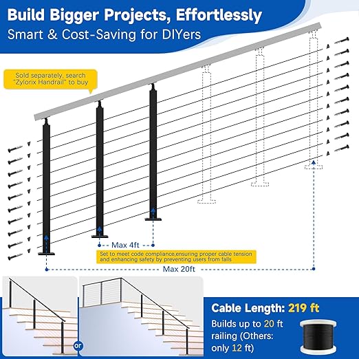 Upgraded 8-20FT Swageless Black Stair Cable Railing Post Kit 36 Inch, 3 Heavy-Duty T304 Stainless Steel Post Fit 28-38 Degree Stairway, Patent Reusable Terminal, Outdoor Finish(No Handrail)