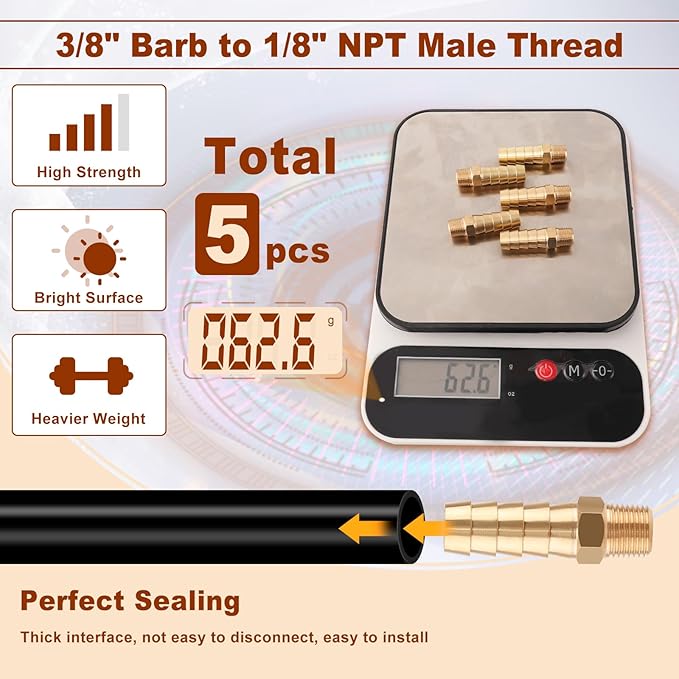 5pcs Brass Hose Barb Fittings 3/8 Inch Barb to 1/8 Inch NPT Male Thread Air Hose Fittings Adapter Connector Water Fuel Air Line Fittings 3/8” Barb × 1/8” NPT Brass Fittings