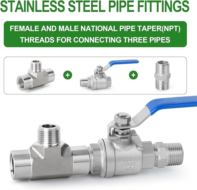 TAISHER 2PCS Forging of 304 Stainless Steel Tee Pipe Fittings, 1/8" NPT Female x 1/8" NPT Male x 1/8" NPT Female Pipe Fittings, Male Branch Tee