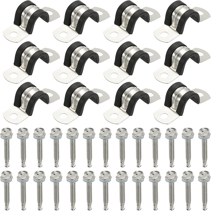 PATIKIL 12Pcs Pipe Clamps, 9/16 Inch 304 Stainless Steel Rubber Cushioned U Bracket Conduit Clamps Pipe Strap Wire Clips with Hexagonal Screw for Tube Hose Cord Installation, 14mm