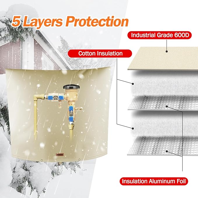Backflow Preventer Pipe Insulation Cover (5°F) - Irrigation Sprinkler Valve Insulated Pouch - Water Well Pump Cover - Sturdy 5 Layers for Winter Freeze Protection, 70" W x 60" H, Beige