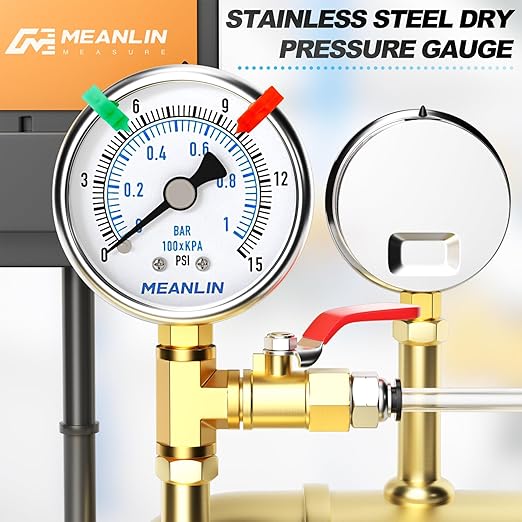 MEANLIN MEASURE 0~15Psi Dry Low Pressure Gauge Stainless Steel 1/4" NPT 2" FACE DIAL Waterproof for Water Oil Air Well Pump Tank Tire Pressure Test Lower Mount (with 2PCS Snaps)