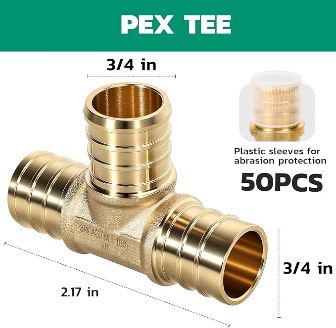 PEX Fittings 3/4 Inch, 50PCS Tee Lead-Free Brass Connectors for PEX B Pipe, NSF UPC Certified, ASTM F1807, Compatible with Crimp/Clamp Rings (Hot/Cold Water, Hydronic Heating)