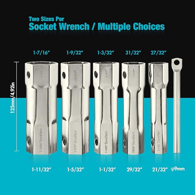 DURATECH Shower Valve Socket Wrench Set with Bar Handle for Removing Tub & Shower Valve，5-Piece, includes 21/32”x 27/32”, 29/32”x 31/32”, 1-1/32” x1-3/32”, 1-5/32”x1-9/32”, 1-11/32”x 1-7/16”