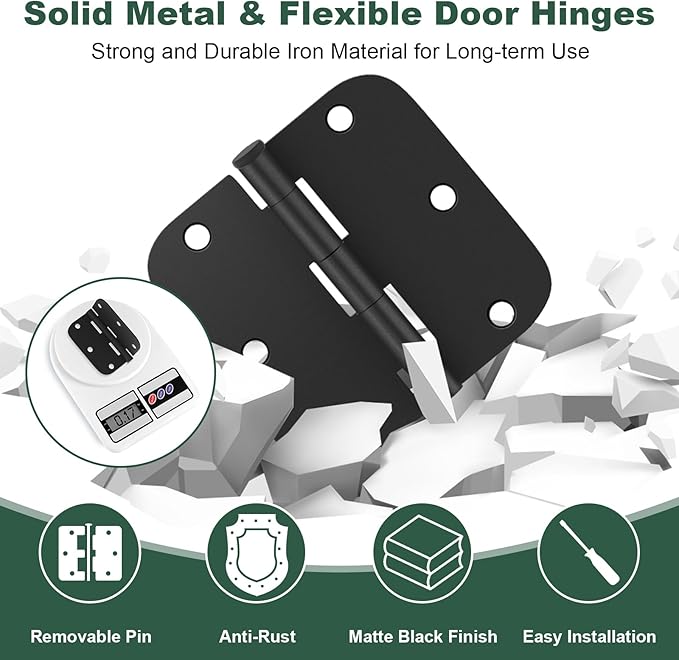 Estmoon 50 Pack 3.5 x 3.5 Inch Rounded Door Hinges Matte Black, 5/8" Radius Interior Hinges Heavy Duty Bifold Residential Hinges for Bathroom/Bedroom/Exterior/Internal Door, 6 Holes