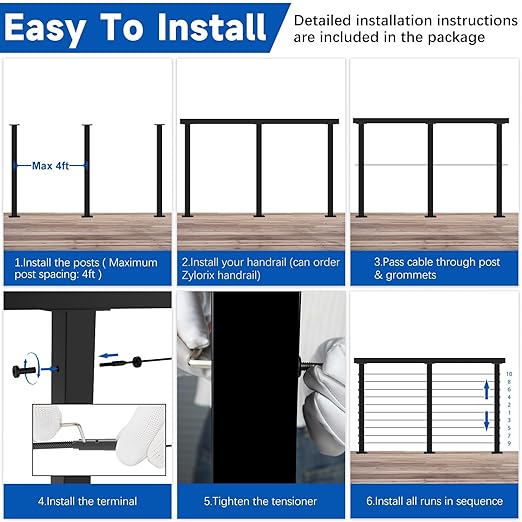 Upgraded 12-24FT Swageless Cable Railing System Post Kit 36" with 4 Heavy-Duty T304 Stainless Steel Level Post, Patent Reusable Cable Railing Kit, Upgraded Outdoor Finish(No Handrail), Black