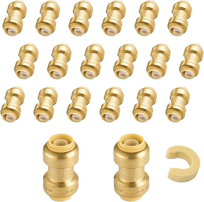 20-Pack Niikappu Push Fit Fittings, 3/4" x 3/4" Brass Plumbing Fittings to Connect PEX, Copper, CPVC, Brass Straight Coupling With Disconnect Clip(PF008-20Pack)
