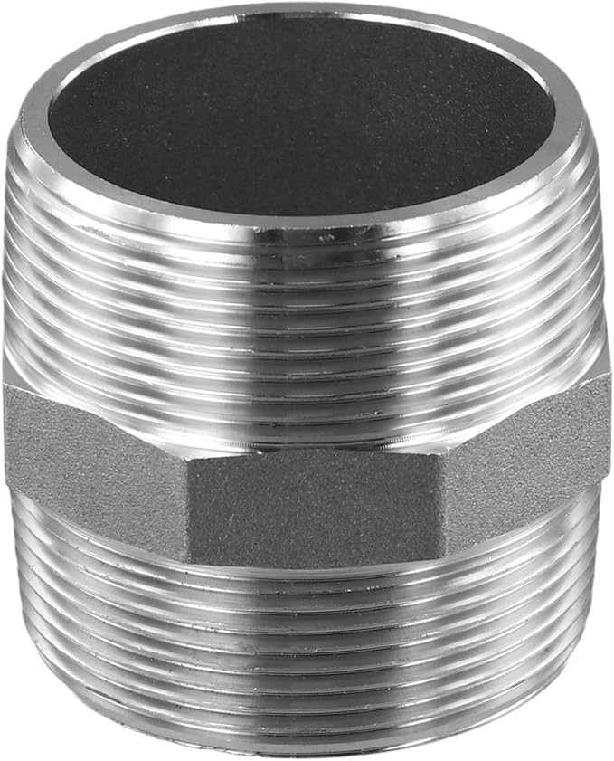 Hex Nipple 2 Inch Male x Male 304 Stainless Steel Threaded Pipe Fitting, Resistant Plumbing Connector for Water, Gas and Air Systems