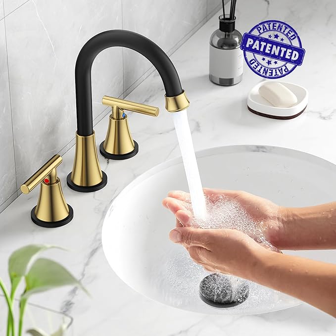 Bathroom Faucets for Sink 3 Hole, Hurran Black& Gold Bathroom Sink Faucet with Pop-up Drain and Supply Lines, Stainless Steel Lead-Free Widespread Faucet for Vanity RV, 2 Pack