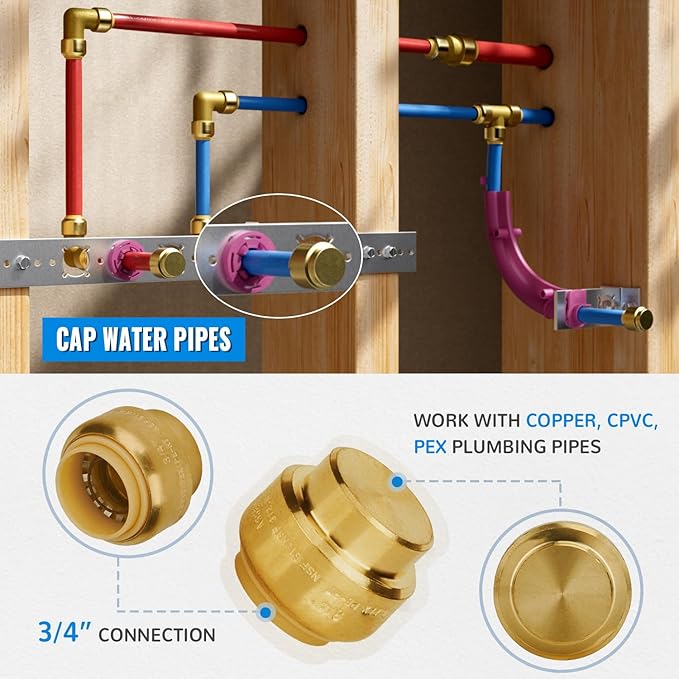 SUNGATOR 6-Pack Push Fit End Cap, 3/4-Inch Push-to-Connect, No Lead Brass Plumbing Fittings for PEX, Copper, CPVC, Disconnect Clip Include
