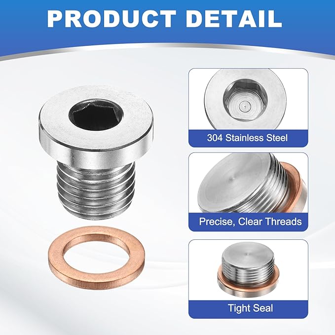 PATIKIL 4 Pcs M12 x 1.5 Metric Pipe Plug Fitting, 304 Stainless Steel Internal Hex Head Socket Pipe Cap Adapter Connector with Copper Washer for Sealing Oil Gas Water