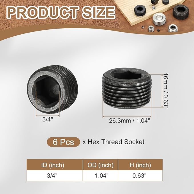 Pipe Plug Carbon Steel Internal Hex Thread Socket Pipe Plug Fitting - Fitting for (Sealing Port - Air Tanks - Water Outlets) 3/4 Inch NPT Male & 6 Pack