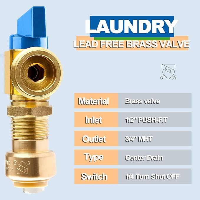 Washing Machine OutLet Box With Brass Valve, 1/2 Inch Push-Fit Inlet x 3/4 Inch MHT Outlet, Push-to-Connect Center Drain Laudry Box