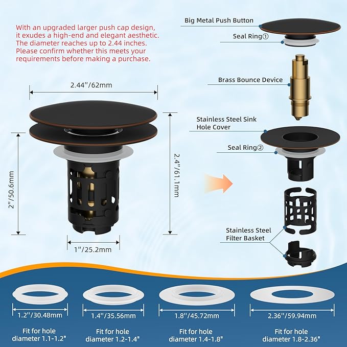 Hibbent Upgraded 3 in 1 Bathroom Sink Drain Strainer, Pop Up Sink Stopper with Big Push Cap, Anti-Clogging Metal Filter Basket,Sink Plug with Hair Catcher for 1.1''~2.36'' Basin, Oil-Rubbed Bronze