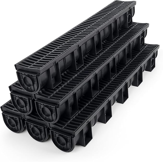 6 Pack Trench Drain System, Channel Drain with Plastic Grate, Driveway Drainage Channel Systems,Channel Drain Pipe Outdoor Trench Drainage System,5.9X5.1X39 Inch