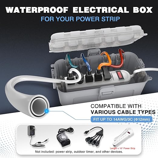 Flemoon Medium Outdoor Electrical Box Waterproof with Clear Lid, Weatherproof Extension Cord Cover for Photocell Light Sensor Timer, Power Strip, Outlet, Plug, Socket, Transparent and Gray