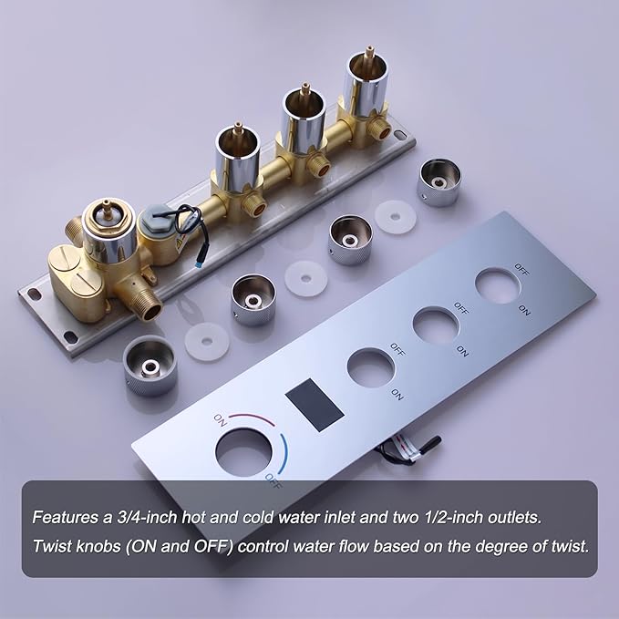 Shower Valve Concealed Shower Mixing Faucet with Temperature Display Function, Flow Control Brass Diverter Valve Kit, 3 Function Can Be Activated Simultaneously, Chrome