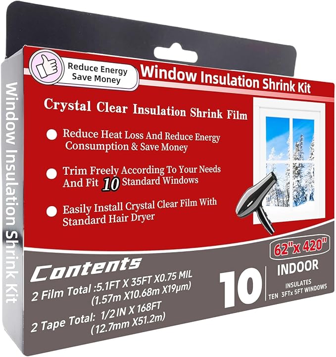 Insulating Film Window Kit to Keep Cold Out Window Shrink Film Insulator Kit (10 Windows)