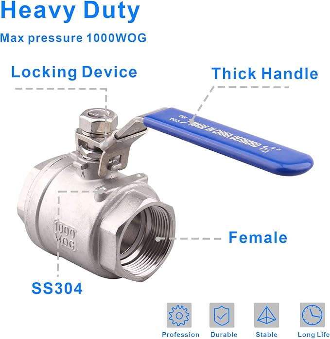DERNORD Stainless Steel 304 Ball Valve, Full Port Heavy Duty for WOG with Locking Device (1-1/2" NPT)