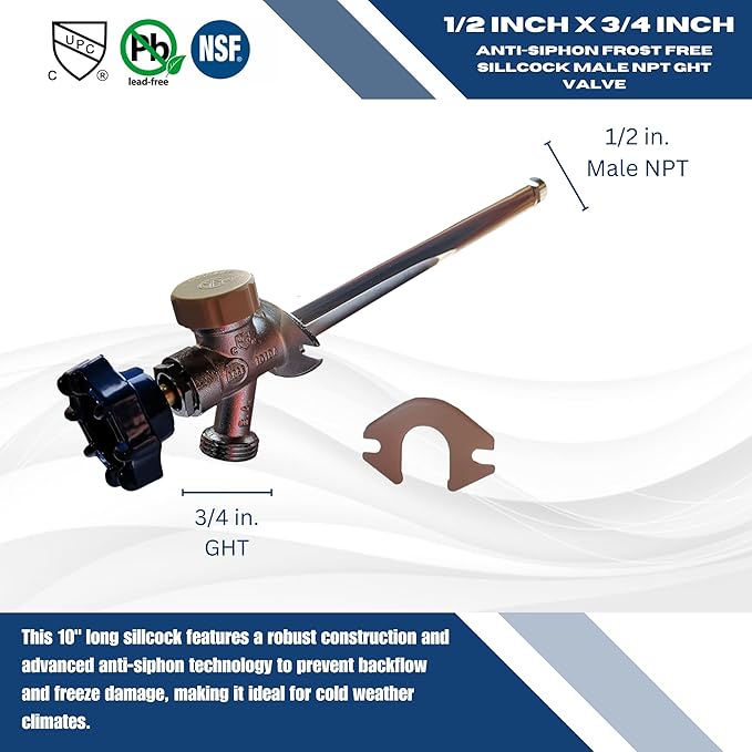XFITTING Anti-Siphon Frost Free Sillcock 10 inch, 1/2 inch Male NPT x 3/4 inch GHT Valves, 1 Piece