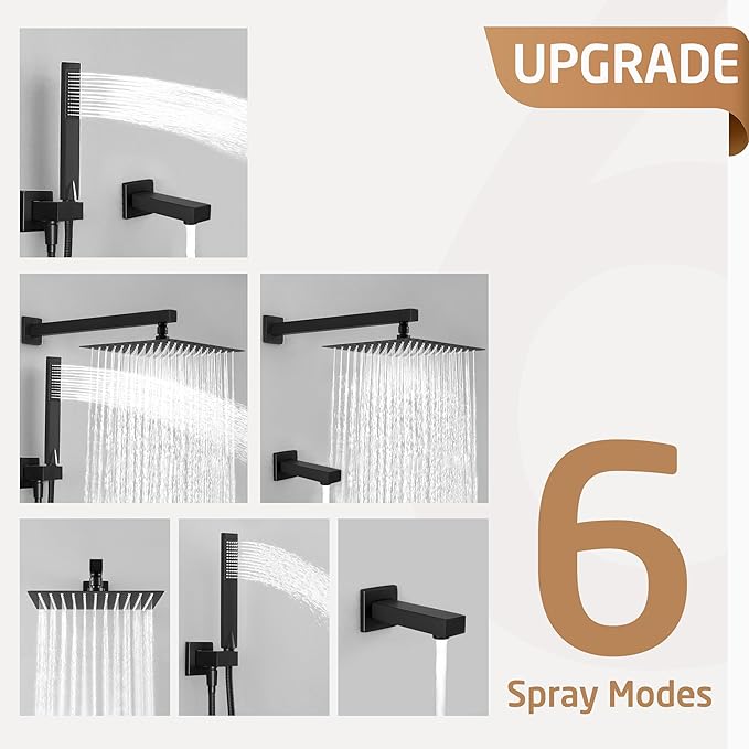 KES Shower System Pressure Balancing Shower Valve with Tub Faucet Spout Set Handheld and 10 Inch Rainfall Shower Head Combo All Metal Matt Black, XB6300-BK