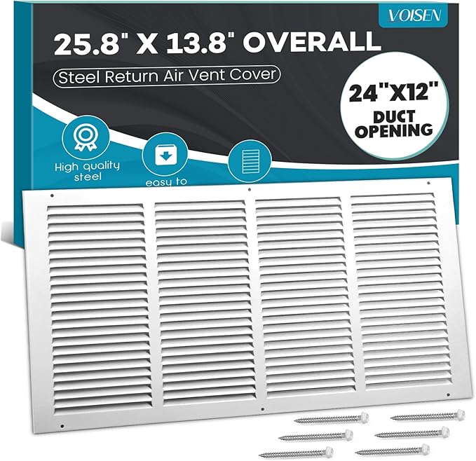 VOISEN Return Air Grille,Fits 24x12 Duct Opening,Steel Return Vent Cover, White Vent Cover Grill for Sidewall and Ceiling,HAVC Cold Air Return Vent Cover,Overall Size:25.8"W X 13.8"H