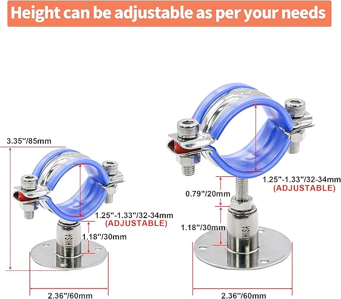 AKIHISA 2 Pcs 304 Stainless Steel Pipe Supports, Wall Mount Ceiling Mount Pipe Hanger, Pipe Holder for OD Pipe 32-34MM Adjustable Height Range 30-50mm