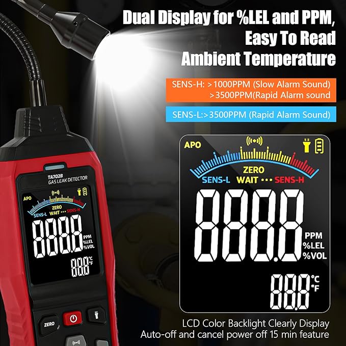 Gas Leak Detector with Flashlight Gooseneck, Rechargeable Natural Gas Leak Detector with LED Digital, Alert, Locating The Source Like Propane, Methane, LPG and Butane for Industrial, Home Kitchen RV