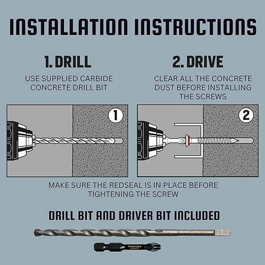 Velocity 2 1/4 Concrete Screws Kit with RedSeal Moisture Barrier (Flat Head, Size 1/4”) – Includes 12 High-Performance Concrete Screw PCS, 1 Drill Bit, and 1 Driver Bit