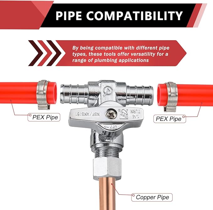 (Pack of 2) EFIELD 1/4-Turn Stop Tee Valve 1/2" Barb Crimp PEX x 1/2" Barb Crimp PEX x 3/8 Inch OD Compression Chrome,(VALVE130)
