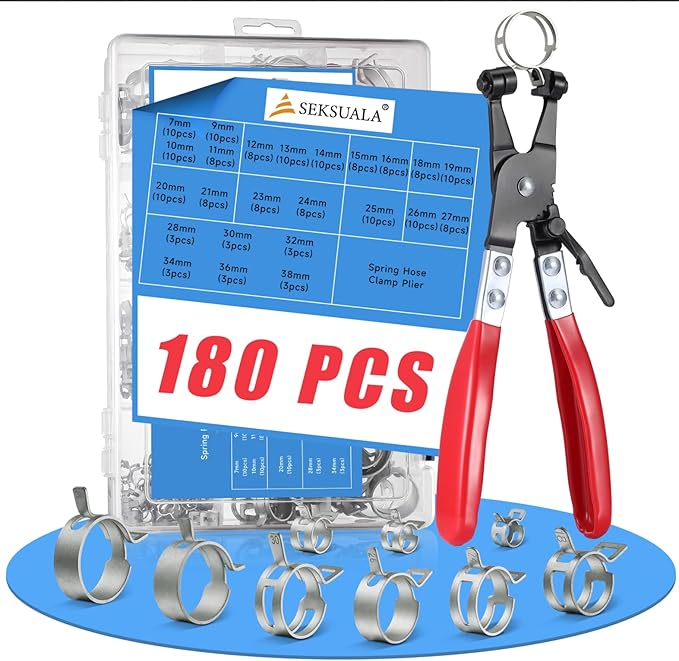 180Pcs 5/16" to 1-1/2"(7-38mm) All Size Spring Band Hose Clamps Assortment Kit with Swivel Flat Hose Clamp Plier, SEKSUALA Constant Tension Steel Clamps for Fuel Lines, Silicone,Vacuum Hoses (Grey?