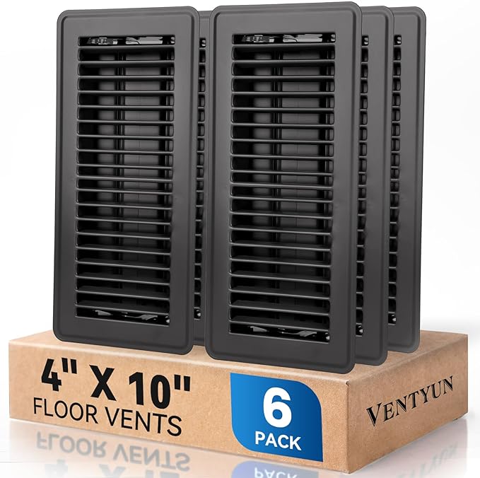 4" x 10" Floor Register Vent Covers 6-Pack, Walkable Powder-Coated Metal Vent Covers with Adjustable Airflow, Curved Safe Edges for Floor/Wall, Black