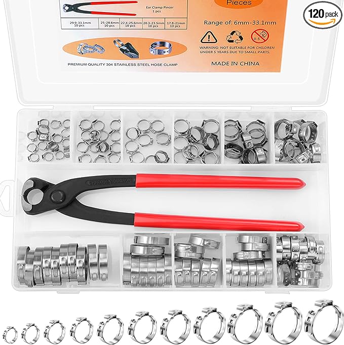 𝟭𝟮𝟬𝗣𝗖𝗦 𝟭𝟭 𝗦𝗶𝘇𝗲𝘀 𝗦𝗶𝗻𝗴𝗹𝗲 𝗘𝗮𝗿 𝗛𝗼𝘀𝗲 𝗖𝗹𝗮𝗺𝗽𝘀 304 Stainless Steel, 6-33.1mm Stepless Cinch Rings Crimp Assortment Kit with Ear Clamp Pincer for Securing Pipe Hose By Hydencamm