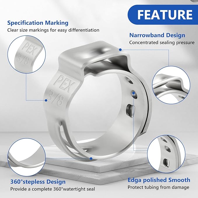 3/8 inch Pex Clamps 250pcs Pex Crimp Rings Single Ear Hose Clamps Stainless Steel Pex Fittings Cinch Clamp Ring for PEX Pipe Tubing