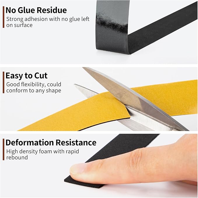 Yotache Neoprene Rubber Foam Tape 1 Inch Wide x 1/16 Inch Thick (New Adhesive Craft), High Density Close Cell Foam Strips Gasket for Door Insulation, 33 Ft Length