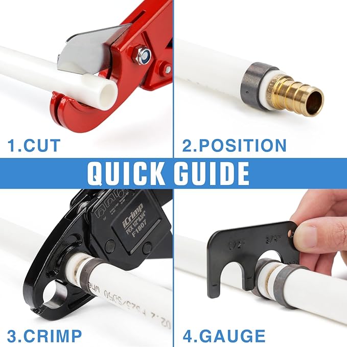 iCrimp ICP-1234AH PEX Crimping Tool Kit - 1/2-in & 3/4-in Copper Crimp Rings, Dual Size Crimper, PEX Removal Tool and Pipe Cutter - Meets ASTM F1807 Standard
