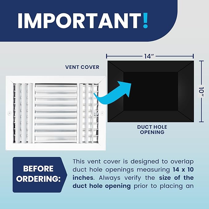14x10 Inch (Duct Opening) Aluminum 3-Way Air Flow Vent – HVAC Vent Cover for Wall or Ceiling – Quiet HVAC Wall Register with Multi-Shutter Damper – Adjustable Curved Blade - Plastic Seal for Tight Fit