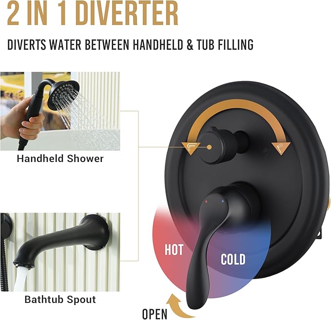 DASAN Antique Wall Mount Tub Filler Faucet with Hand Held Shower, Matte Black Bathtub Faucet with Sprayer Wall Mounted Roman Bath Tub Faucet Set with High Flow Rough in Valve, AT201TF-MB