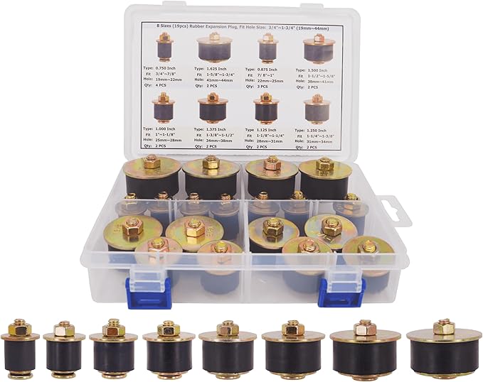 8 Sizes (19pcs) Neoprene Rubber Expansion Plug 3/4" 7/8" 1" 1-1/8" 1-1/4" 1-3/8" 1-1/2" 1-5/8", Automotive Rubber Freeze Frost Plug Fit Hole Size: 3/4"~1-3/4" (19mm~44mm)