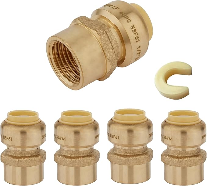 HeSun 5-Pack Pushfit Female Adapter, 3/4" FNPT x 3/4" Push to Connect Plumbing Fittings with Disconnect Clip, Brass Push-fit Fittings for PEX, Copper, CPVC, PE-RT Pipes