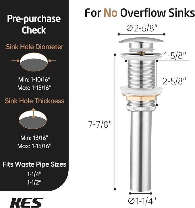 KES Pop Up Drain Without Overflow, Bathroom Sink Stopper for Vessel Vanity Sink 2 Pack Polished Chrome, All Metal Rustproof Brass and 304 Stainless Steel, for 1.6"-1.9" Sink Hole, S2008D-CH-P2