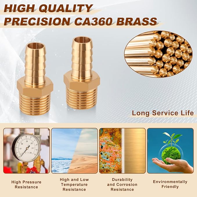 5pcs Brass Hose Barb Fittings 1/2 Inch to 1/2 Inch NPT Male Thread Adapter Connector for Air, Water, Fuel Line - 1/2" Barb 1/2" NPT