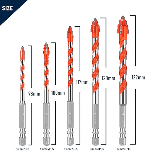 Serrated Concrete Metric Drill Bit Set 10PCS (5mm-12mm), Tungsten Carbide Tip Masonry Drill Bits Set for Concrete, Tile, Brick, Glass, Metal, Ceramic, Wood, and Plastic