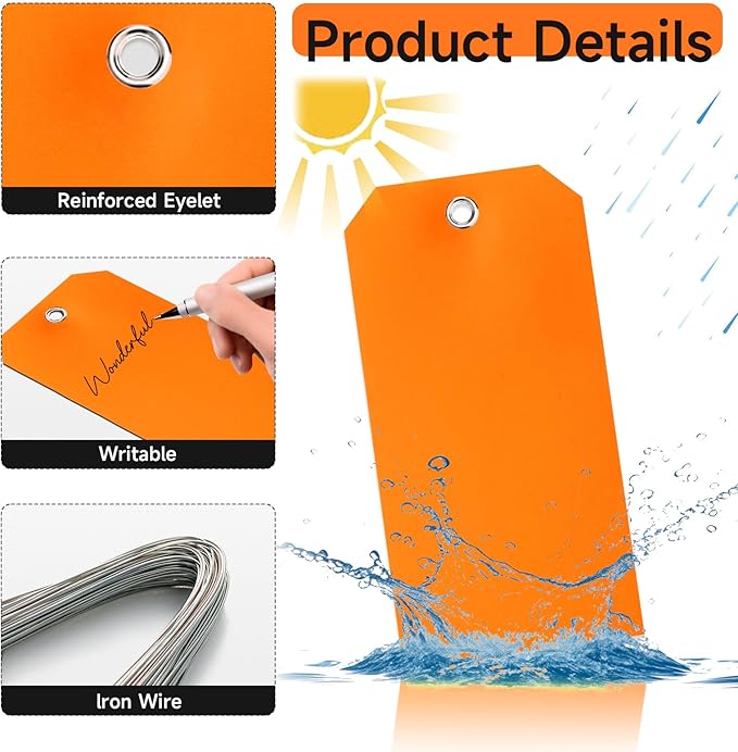 200 Pcs 6 1/4 x 3 1/8 Neon Color Marking Tags with Wire Metal Wire Tags Write On Waterproof Shipping Tags with Wires Blank Tags with String Heavy Duty Tags for Equipment Car Parts Inventory (Orange)