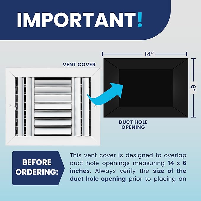 14x6 Inch (Duct Opening) Aluminum 4-Way Air Flow Vent – HVAC Vent Cover for Wall or Ceiling – Quiet HVAC Wall Register with Multi-Shutter Damper – Adjustable Curved Blade - Plastic Seal for Tight Fit