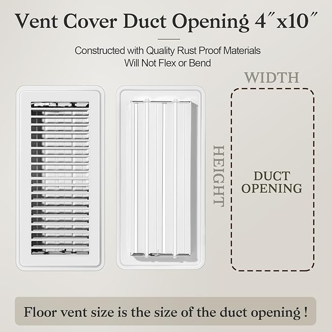 4 PCS Floor Vents Floor Registers 4x10 inch, Heavy Duty Metal Heat Air Vent Covers 4 X 10 with Rust Proof Finish for Home Office Wall Floor Registers Grilles & Vents (4, White, 4x10 Inches)